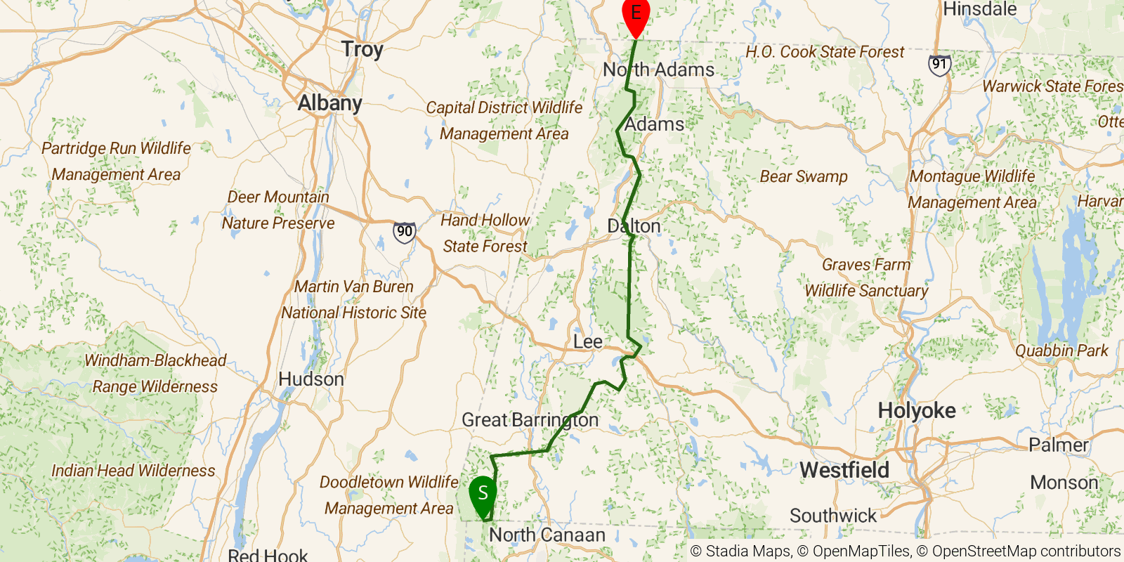 Route map of the Appalachian Trail — Massachusetts section on OpenStreetMap terrain
