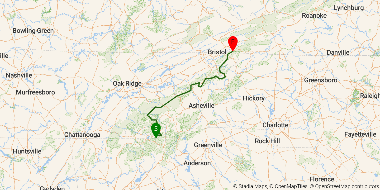 Route map of the Appalachian Trail — NC/TN section on OpenStreetMap terrain
