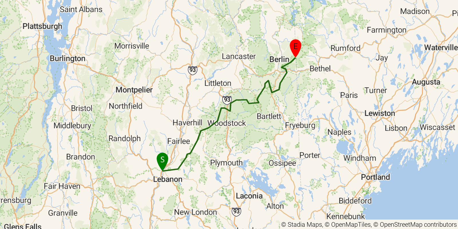 Route map of the Appalachian Trail — New Hampshire section on OpenStreetMap terrain