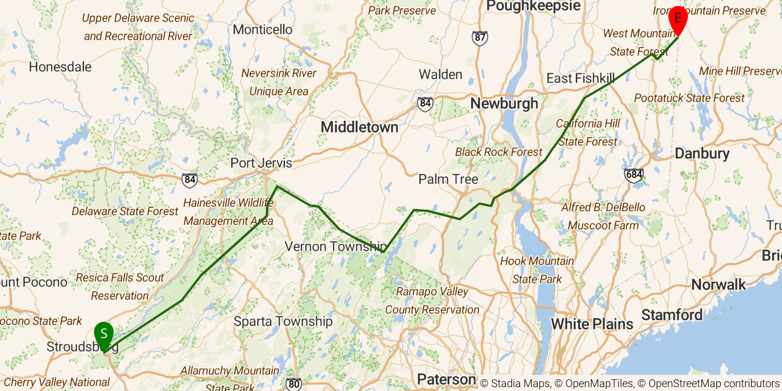 Route map of the Appalachian Trail — New Jersey & New York on OpenStreetMap terrain