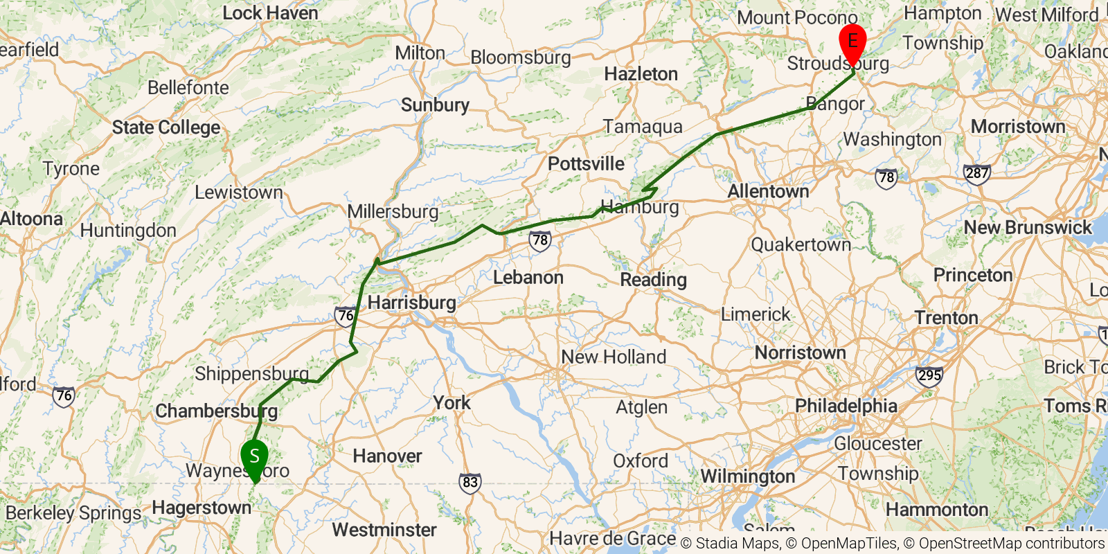 Route map of the Appalachian Trail — Pennsylvania section on OpenStreetMap terrain