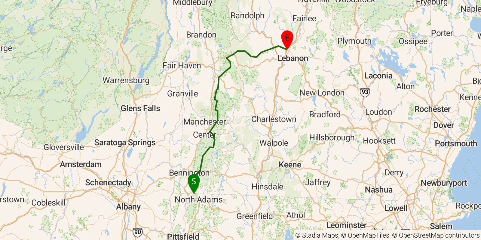 Route map of the Appalachian Trail — Vermont section on OpenStreetMap terrain