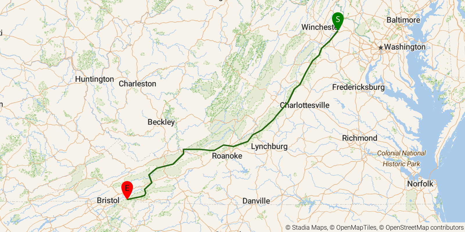 Route map of the Appalachian Trail — Virginia section on OpenStreetMap terrain