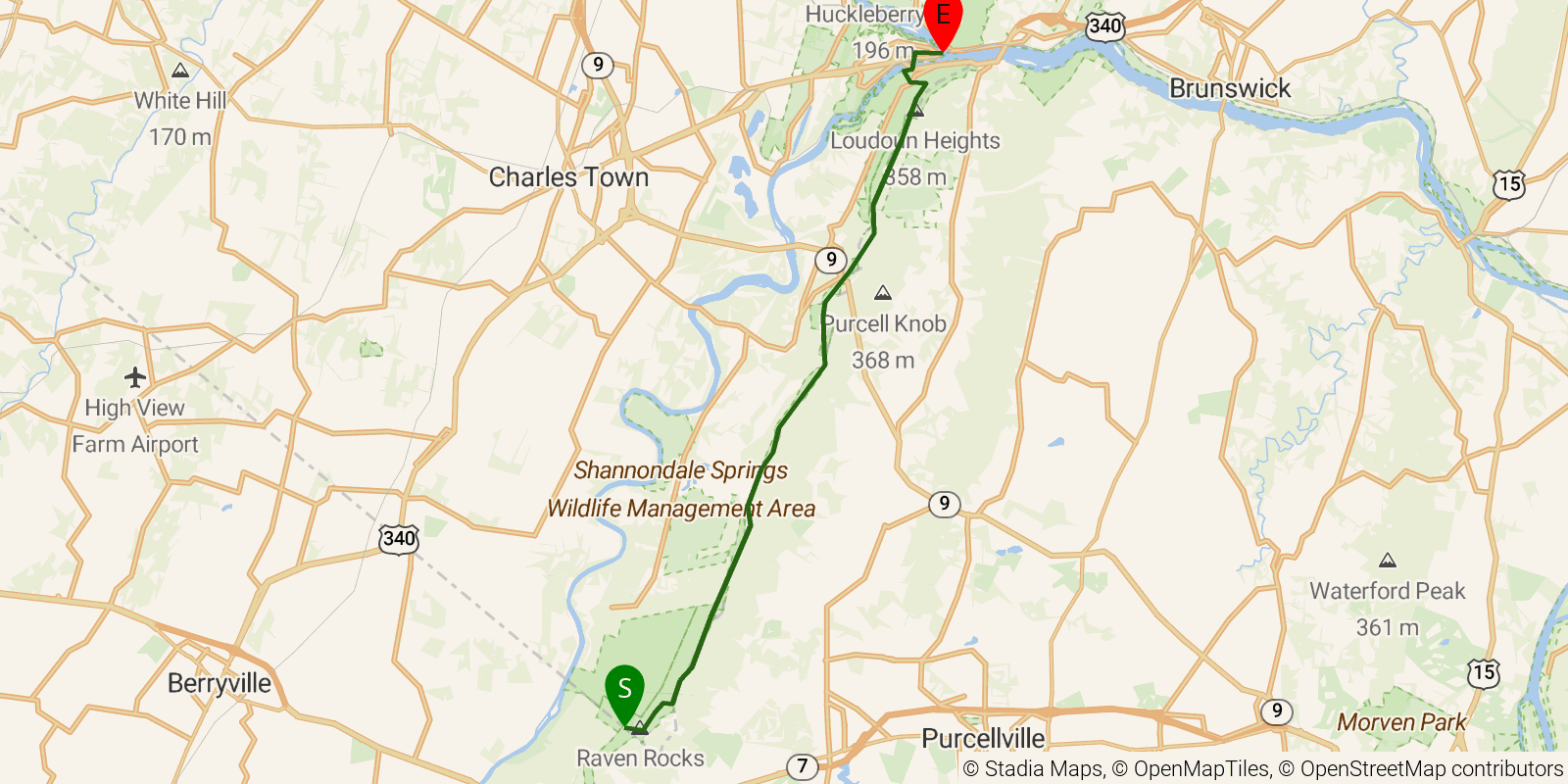 Route map of the Appalachian Trail — West Virginia section on OpenStreetMap terrain