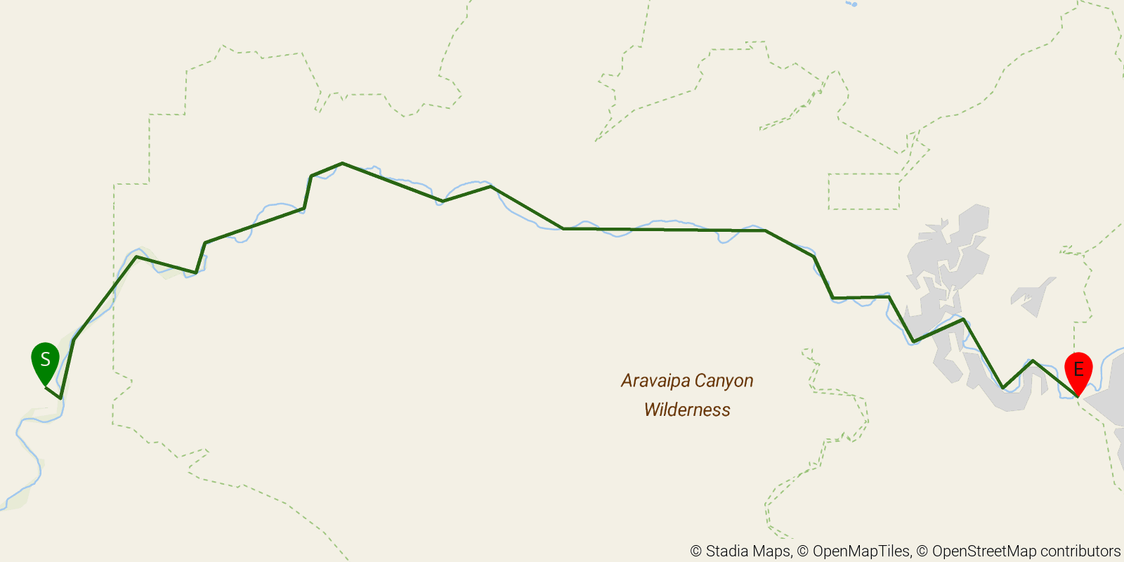 Route map of the Aravaipa Canyon on OpenStreetMap terrain