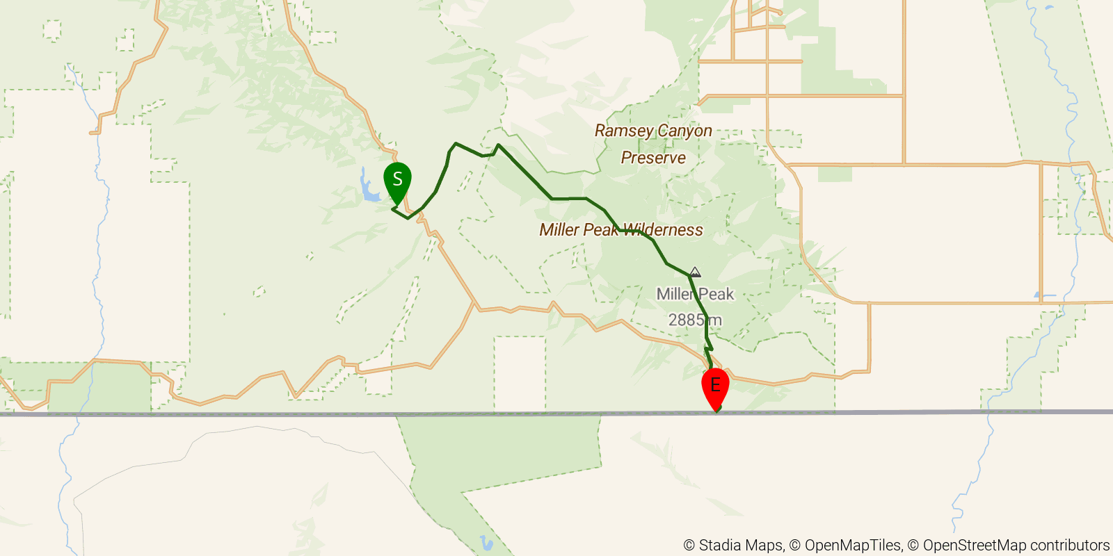 Route map of the Arizona Trail — Passage 1 on OpenStreetMap terrain