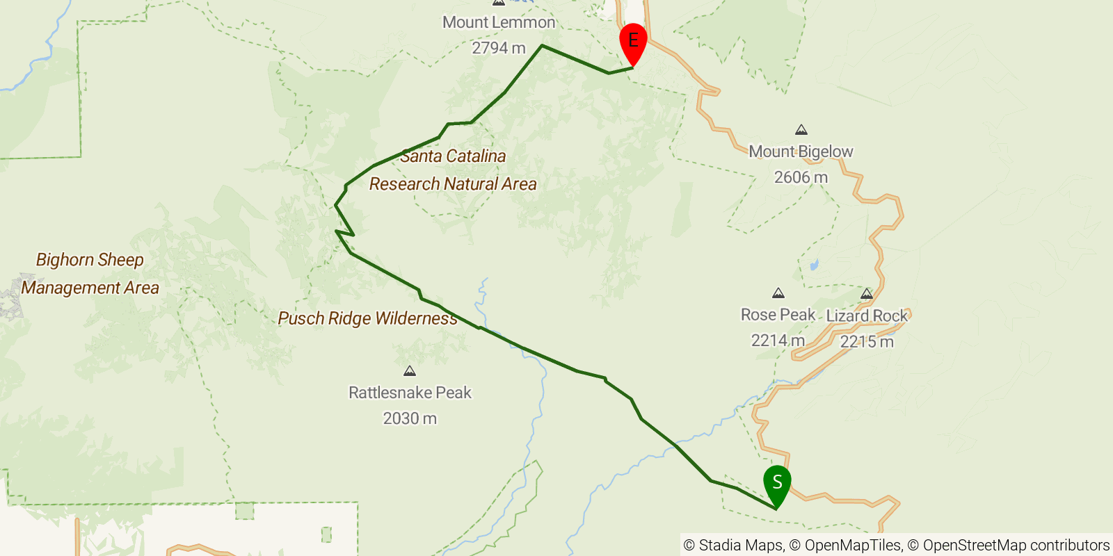 Route map of the Arizona Trail — Passage 11: Santa Catalina Mountains on OpenStreetMap terrain