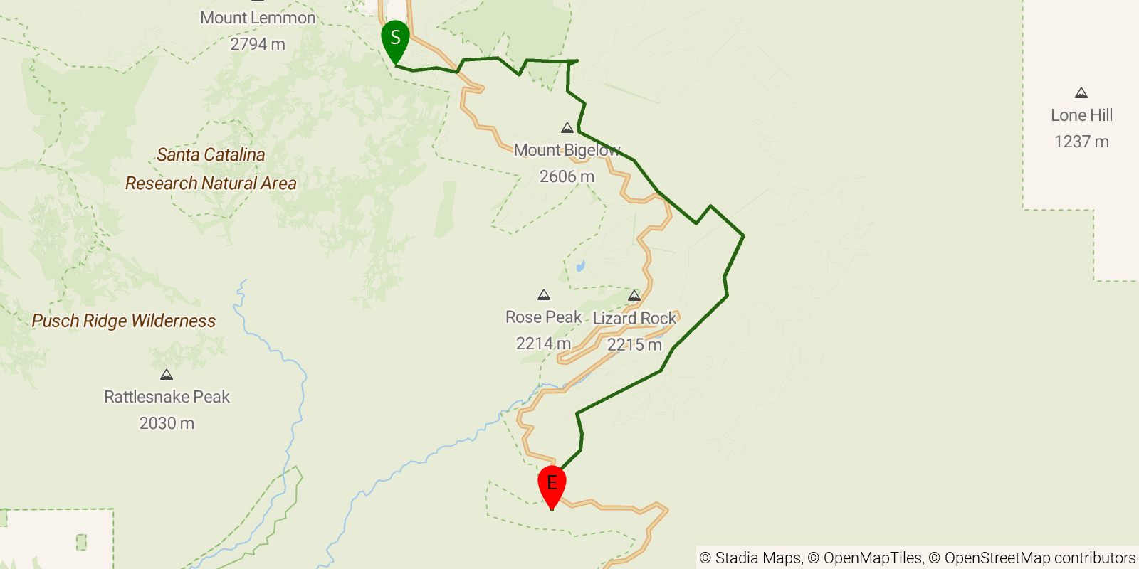 Route map of the Arizona Trail — Passage 11e: Pusch Ridge Wilderness Bypass on OpenStreetMap terrain