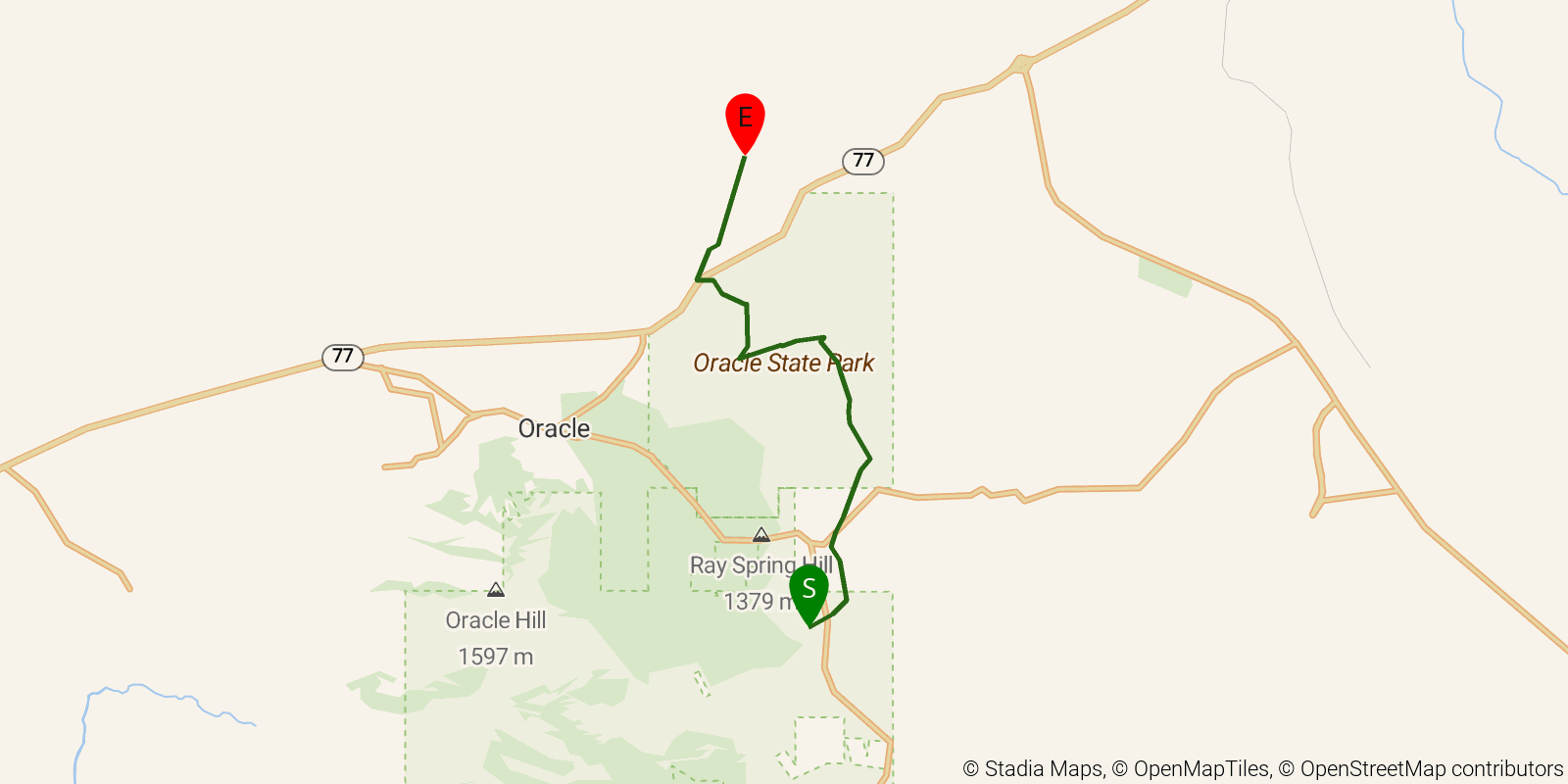 Route map of the Arizona Trail — Passage 13: Oracle on OpenStreetMap terrain