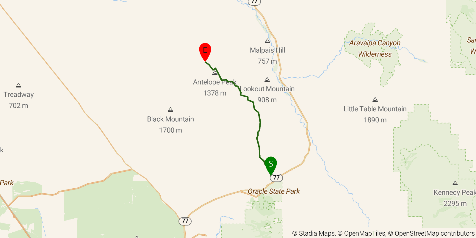 Route map of the Arizona Trail — Passage 14: Black Hills on OpenStreetMap terrain