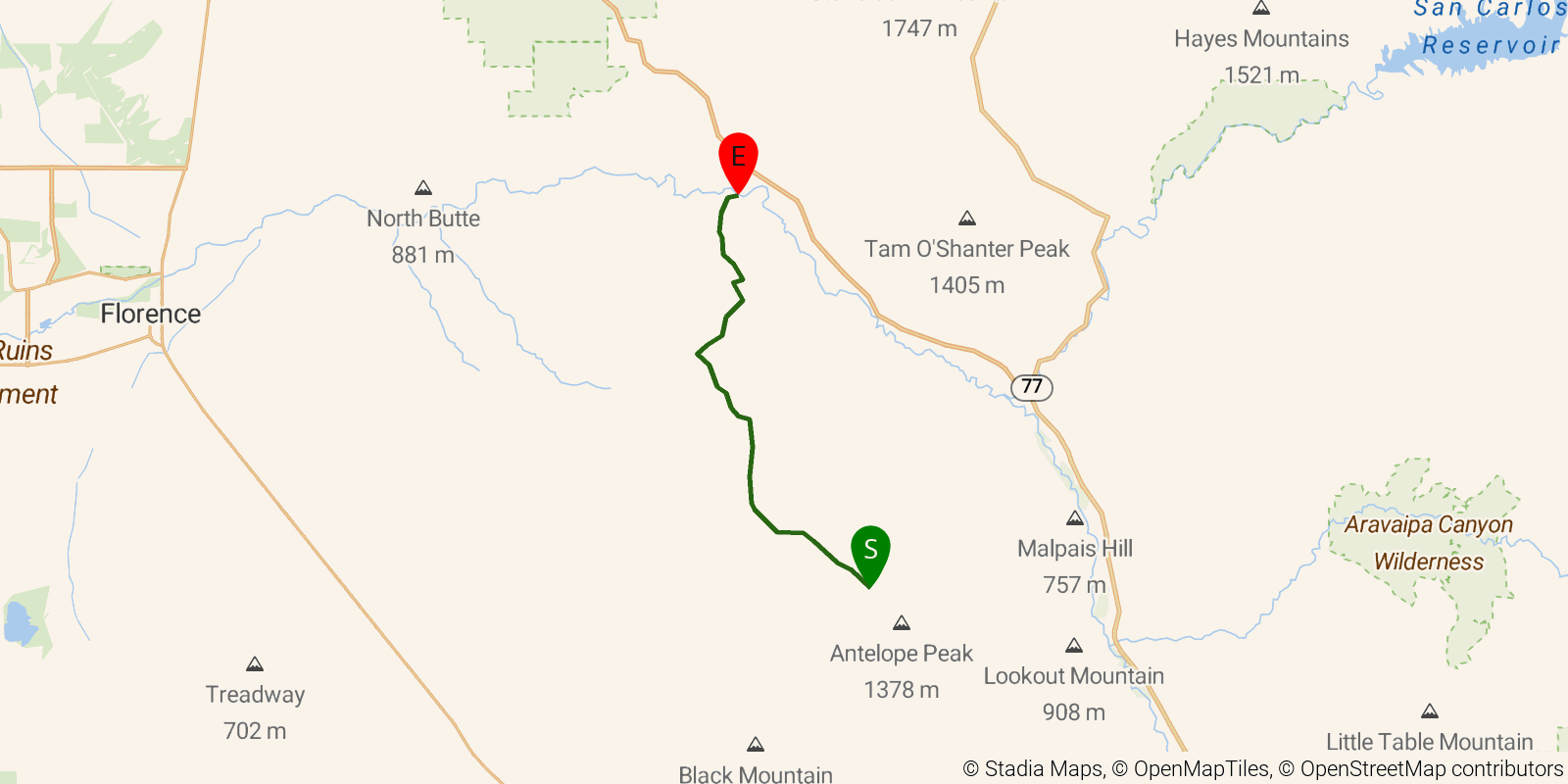 Route map of the Arizona Trail — Passage 15: Tortilla Mountains on OpenStreetMap terrain