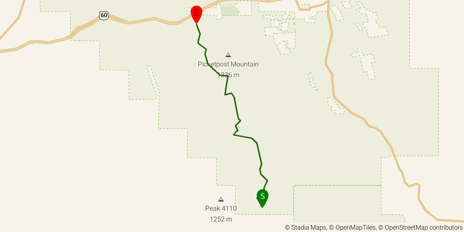 Route map of the Arizona Trail — Passage 17: Alamo Canyon on OpenStreetMap terrain