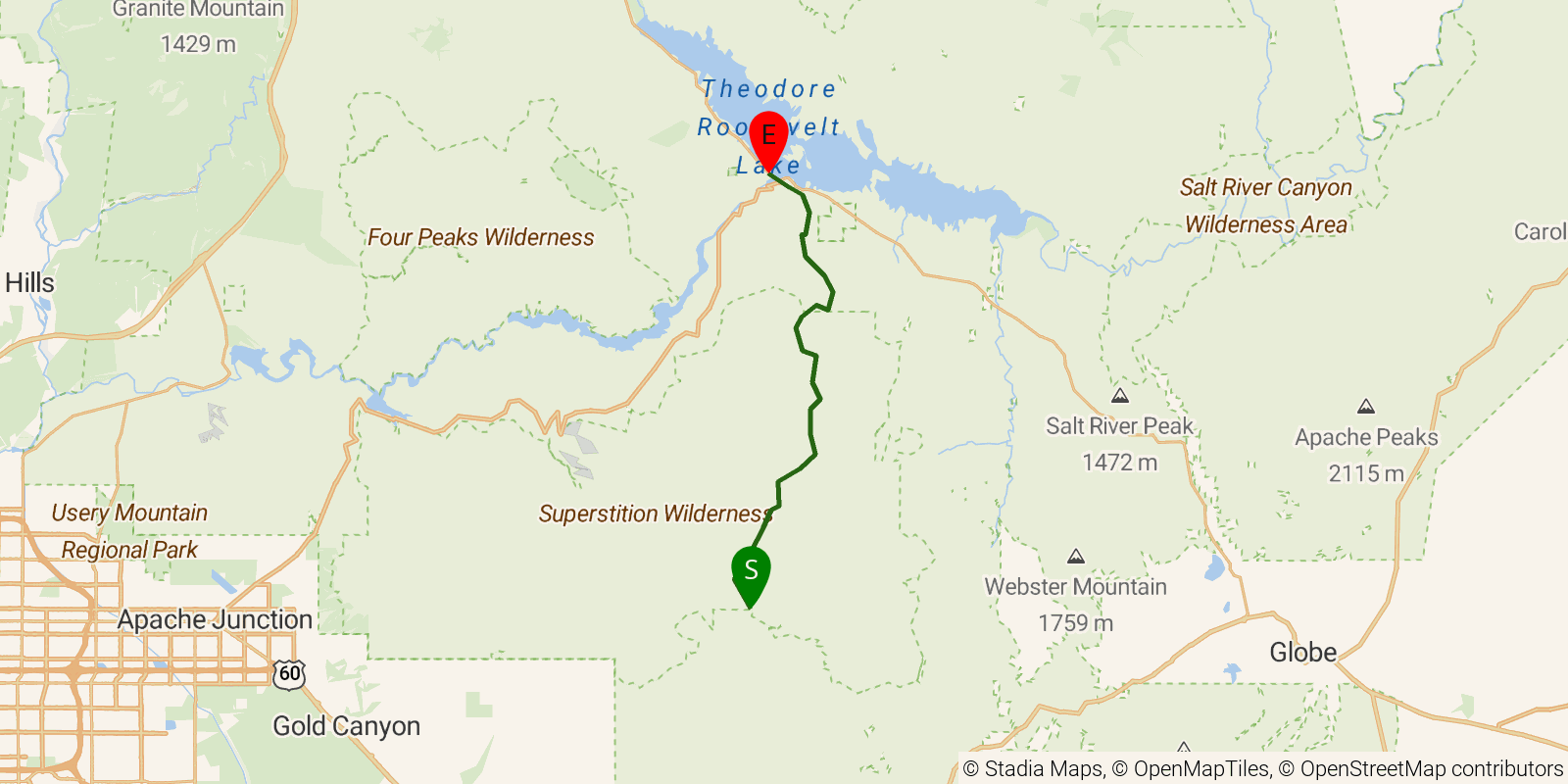 Route map of the Arizona Trail — Passage 19: Superstition Wilderness on OpenStreetMap terrain