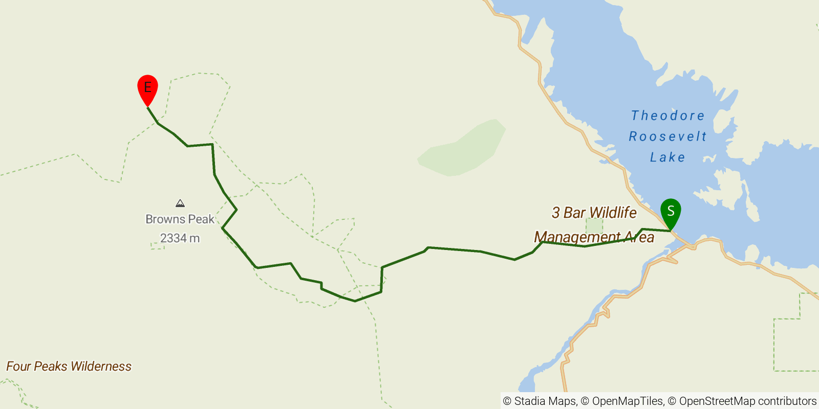 Route map of the Arizona Trail — Passage 20: Four Peaks on OpenStreetMap terrain