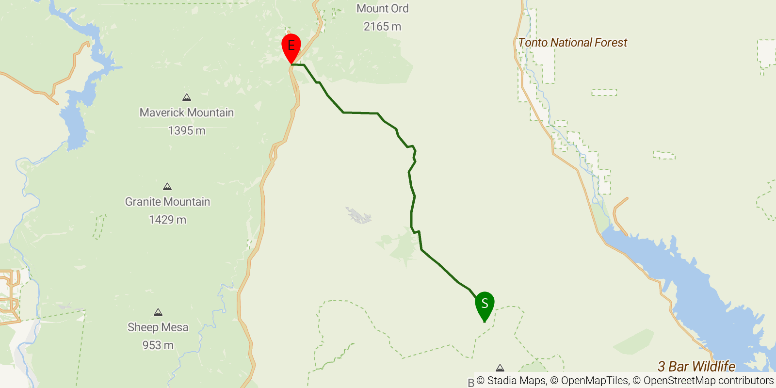 Route map of the Arizona Trail — Passage 21: Pine Mountain on OpenStreetMap terrain