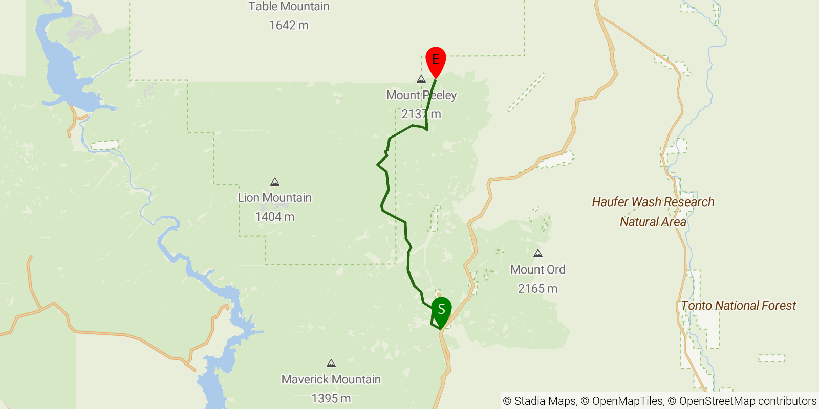 Route map of the Arizona Trail — Passage 22: Saddle Mountain on OpenStreetMap terrain