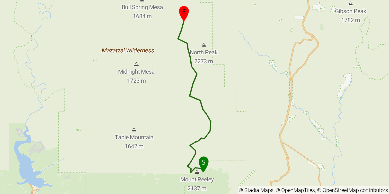 Route map of the Arizona Trail — Passage 23: Mazatzal Divide on OpenStreetMap terrain