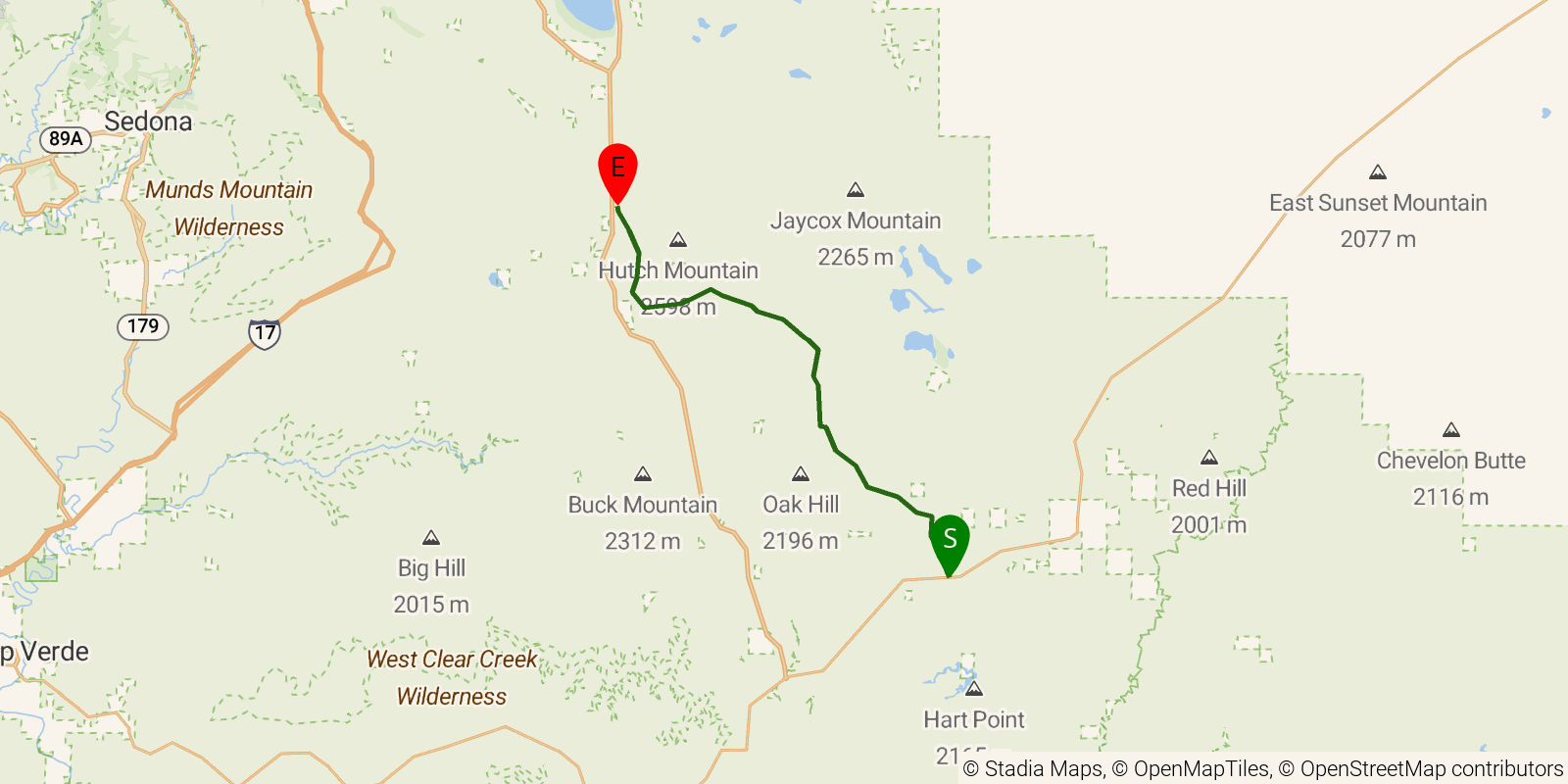 Route map of the Arizona Trail — Passage 28: Happy Jack on OpenStreetMap terrain