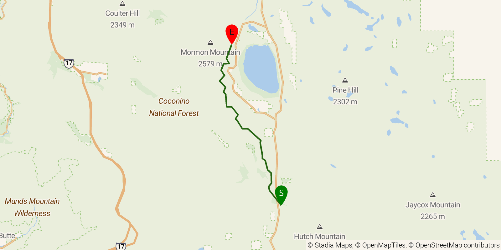 Route map of the Arizona Trail — Passage 29: Mormon Lake on OpenStreetMap terrain