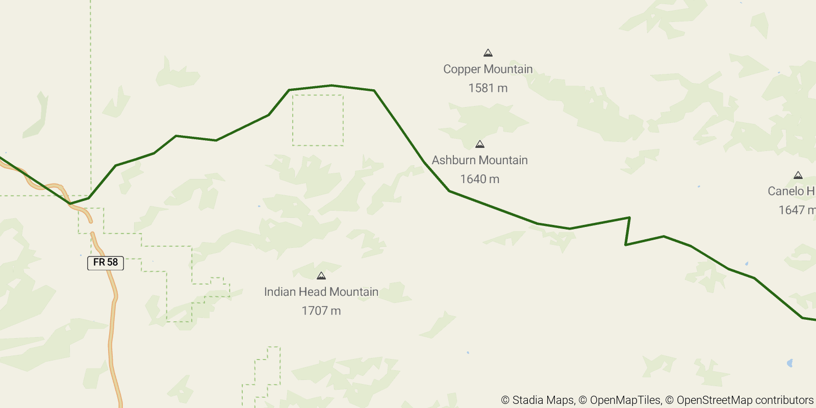 Route map of the Arizona Trail — Passage 3 on OpenStreetMap terrain