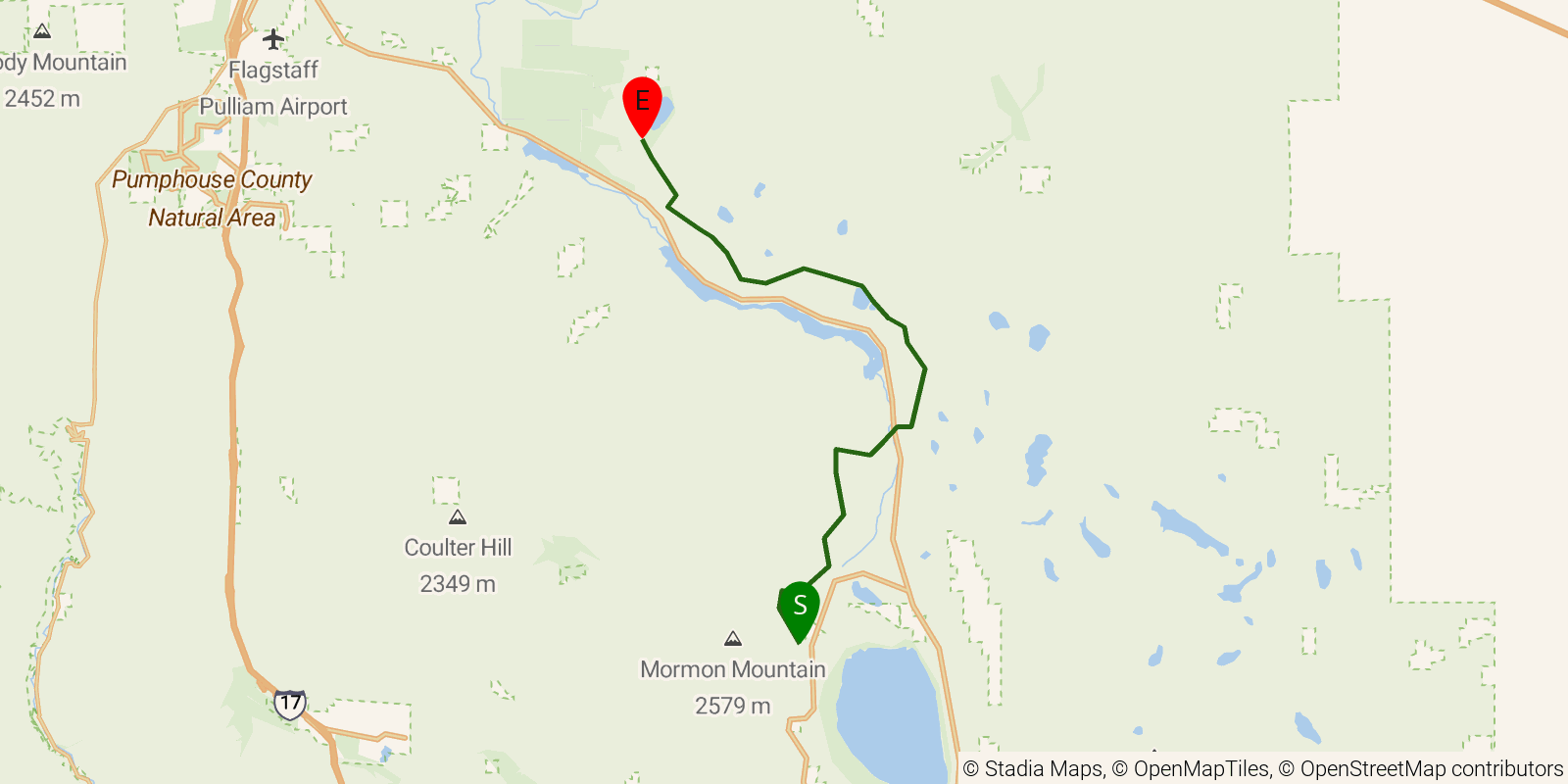 Route map of the Arizona Trail — Passage 30: Anderson Mesa on OpenStreetMap terrain