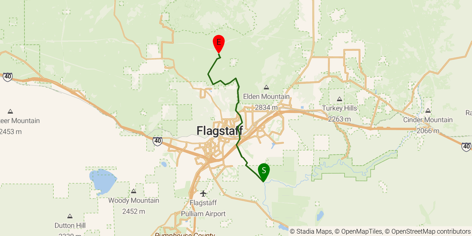 Route map of the Arizona Trail — Passage 33: Flagstaff Urban Route on OpenStreetMap terrain