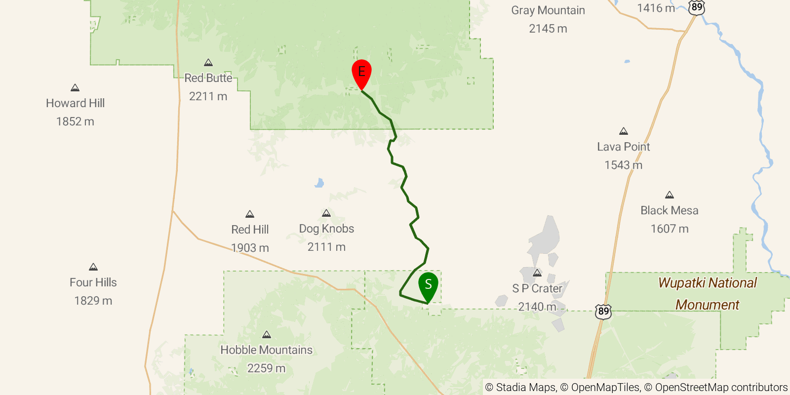 Route map of the Arizona Trail — Passage 35: Babbitt Ranch on OpenStreetMap terrain