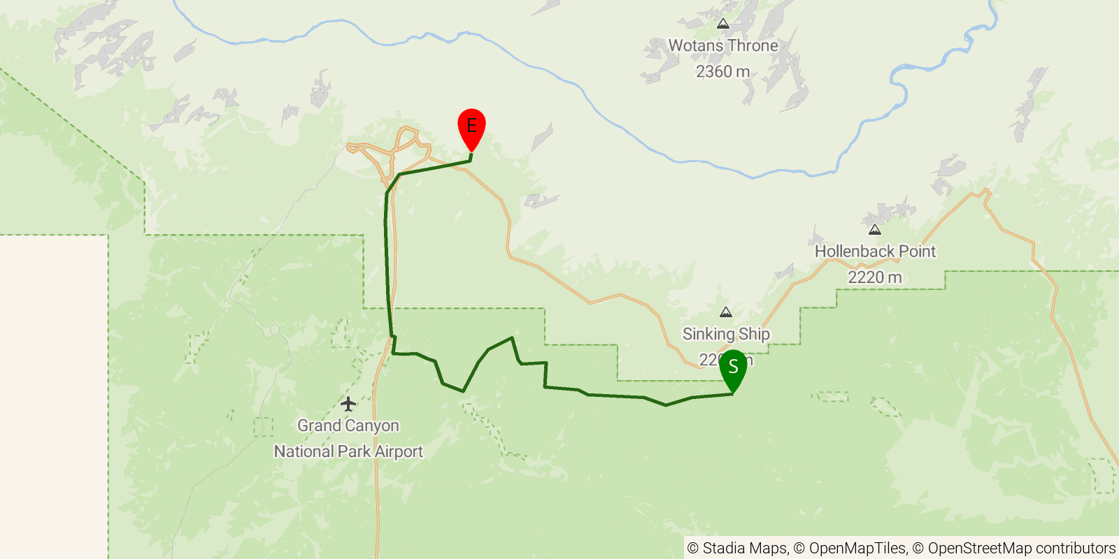 Route map of the Arizona Trail — Passage 37: Grand Canyon - South Rim on OpenStreetMap terrain