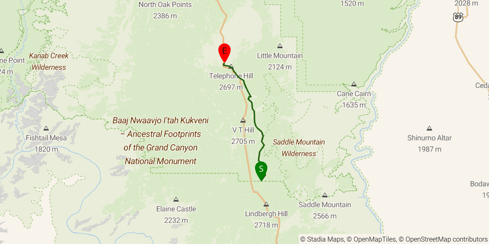 Route map of the Arizona Trail — Passage 40: Kaibab Plateau South on OpenStreetMap terrain
