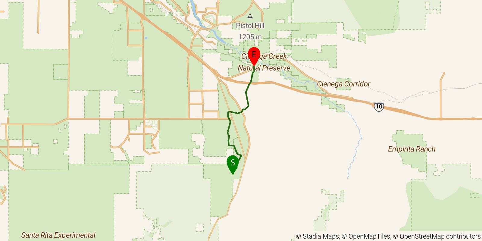 Route map of the Arizona Trail — Passage 7: Las Cienegas on OpenStreetMap terrain
