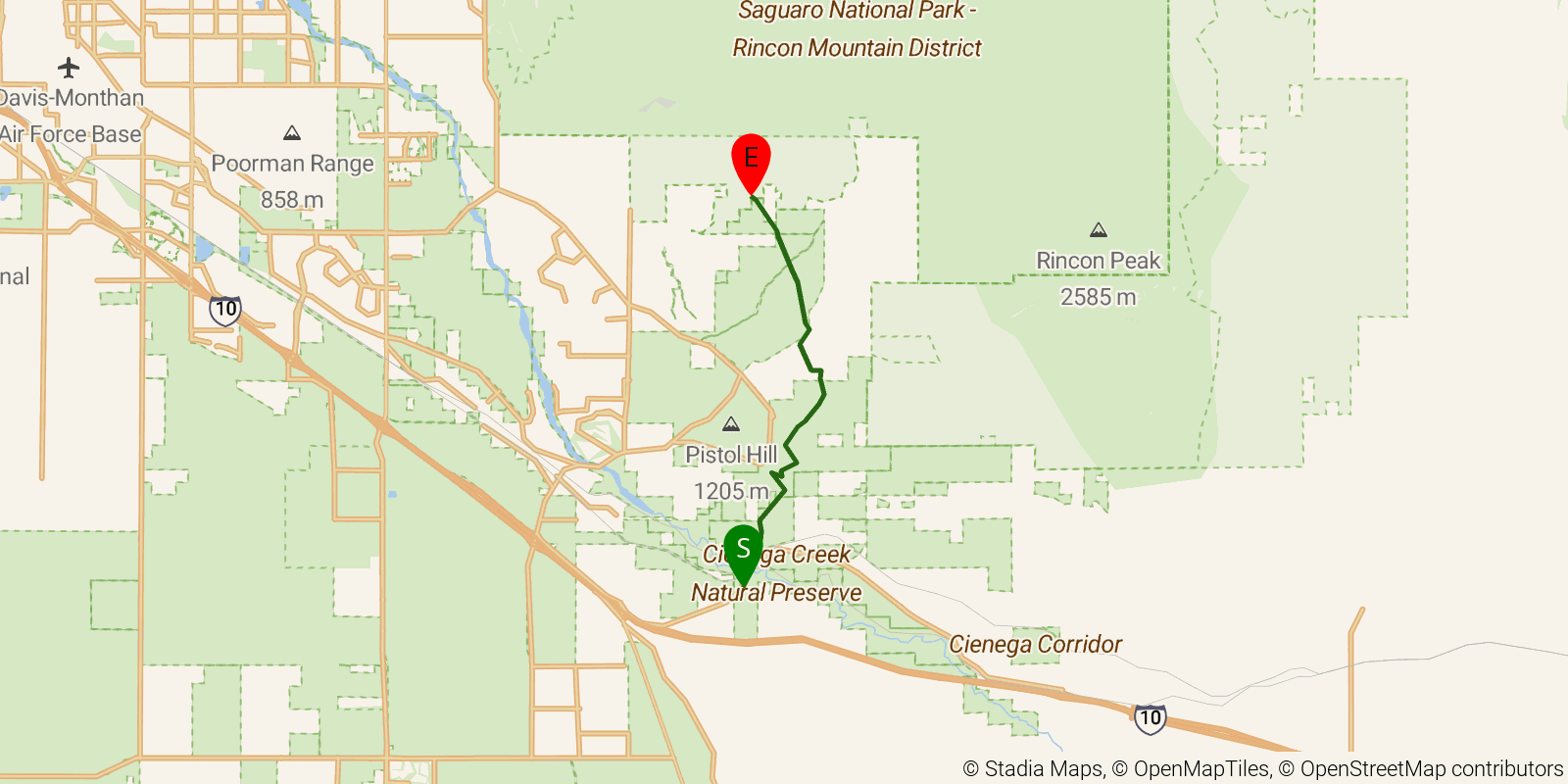 Route map of the Arizona Trail — Passage 8: Rincon Valley on OpenStreetMap terrain