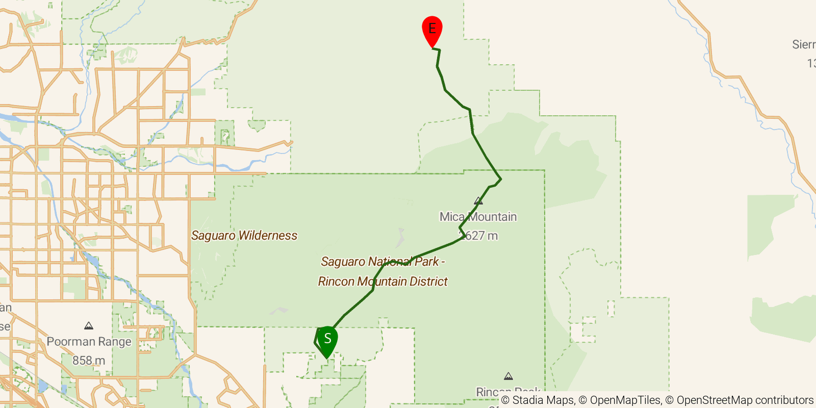 Route map of the Arizona Trail — Passage 9: Rincon Mountains on OpenStreetMap terrain