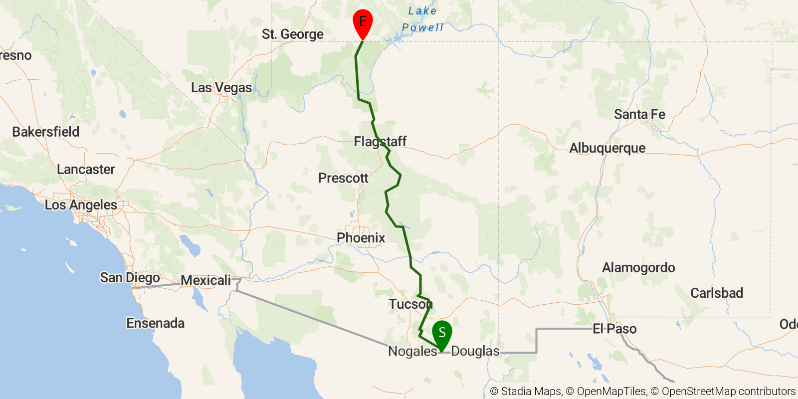 Route map of the Arizona Trail on OpenStreetMap terrain
