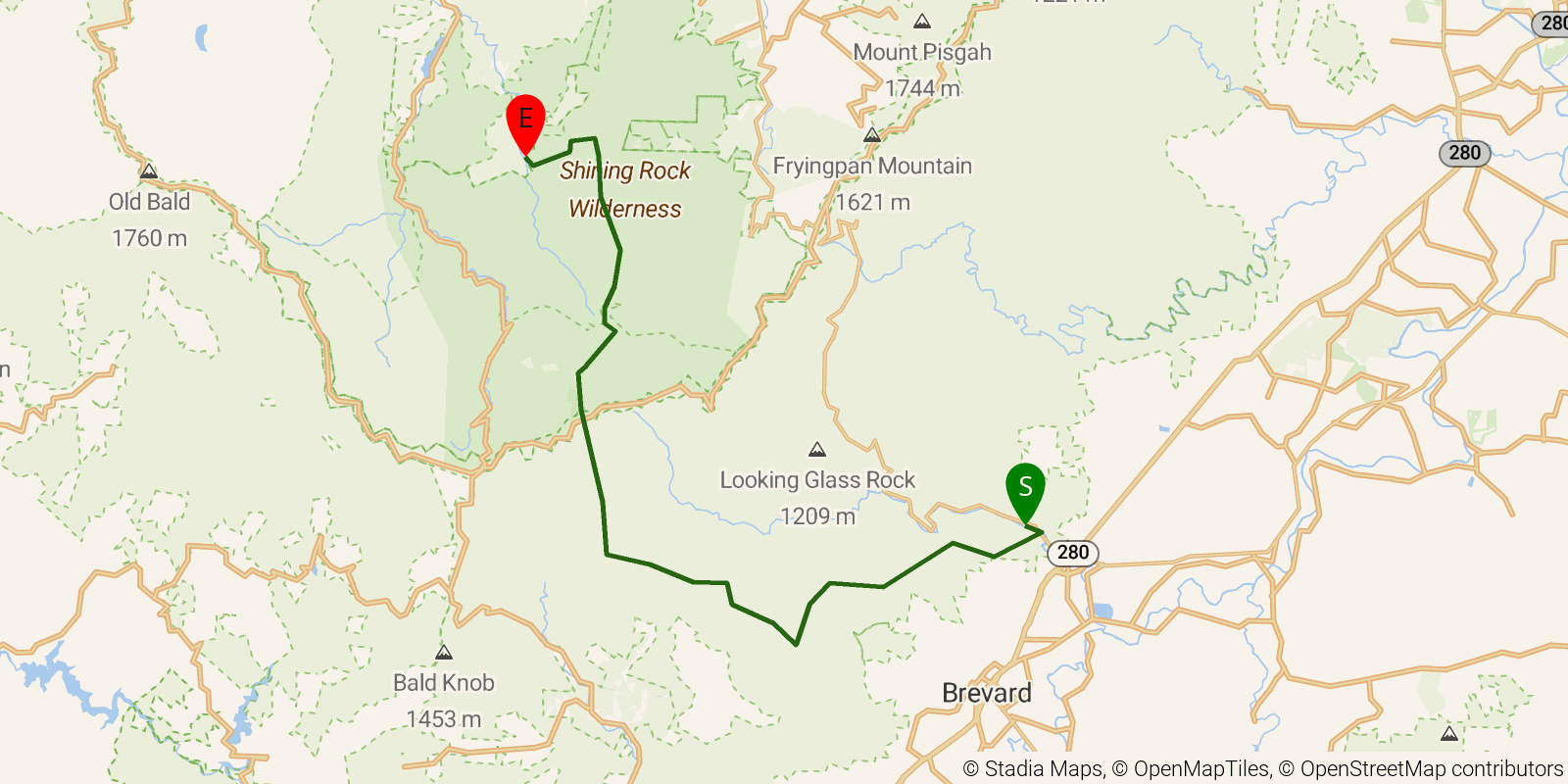 Route map of the Art Loeb Trail on OpenStreetMap terrain