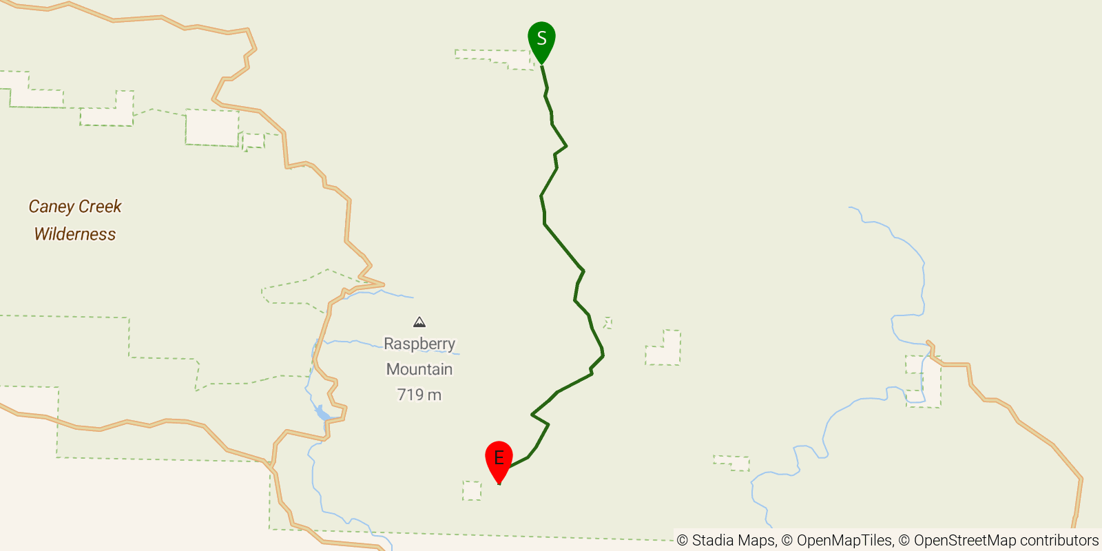 Route map of the Athens-Big Fork Trail on OpenStreetMap terrain