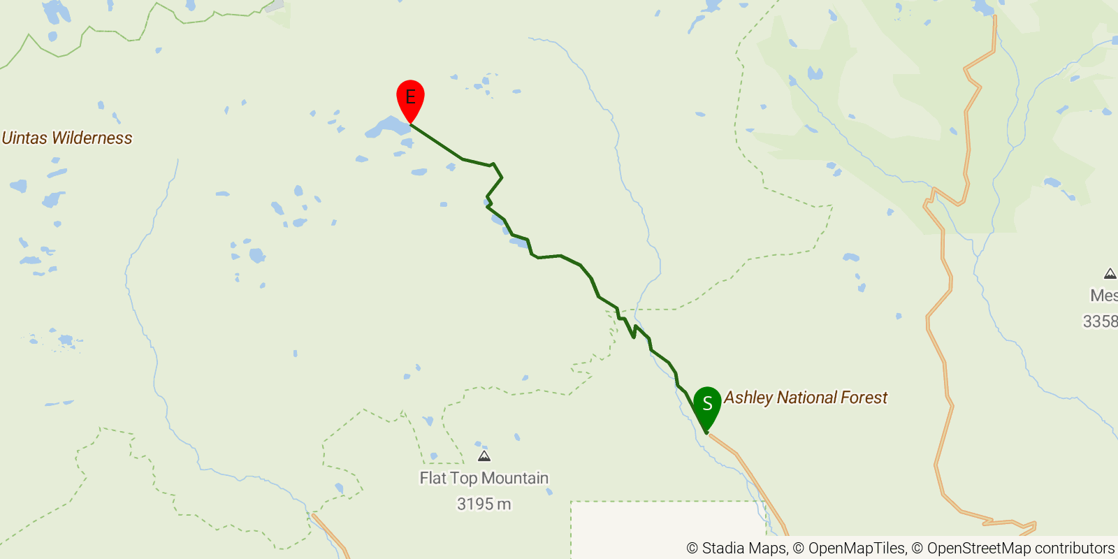 Route map of the Atwood Basin via Uinta River Trail on OpenStreetMap terrain