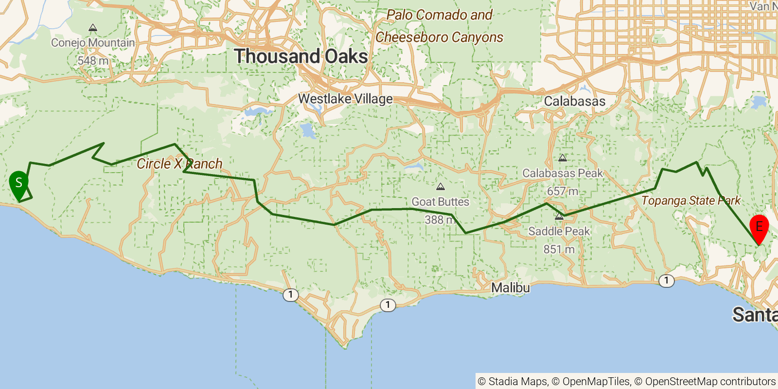 Route map of the Backbone Trail on OpenStreetMap terrain