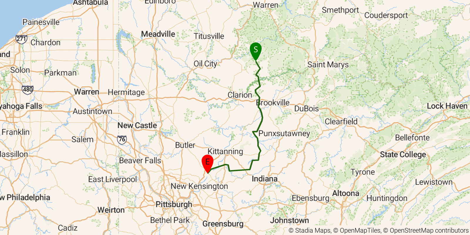 Route map of the Baker Trail on OpenStreetMap terrain
