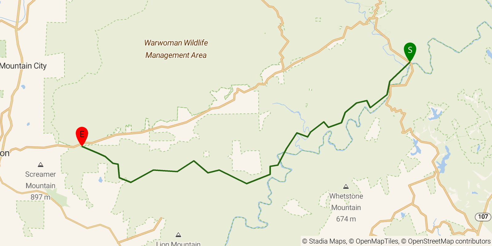 Route map of the Bartram Trail — Sections 1–2: Russell Bridge to Warwoman Dell on OpenStreetMap terrain