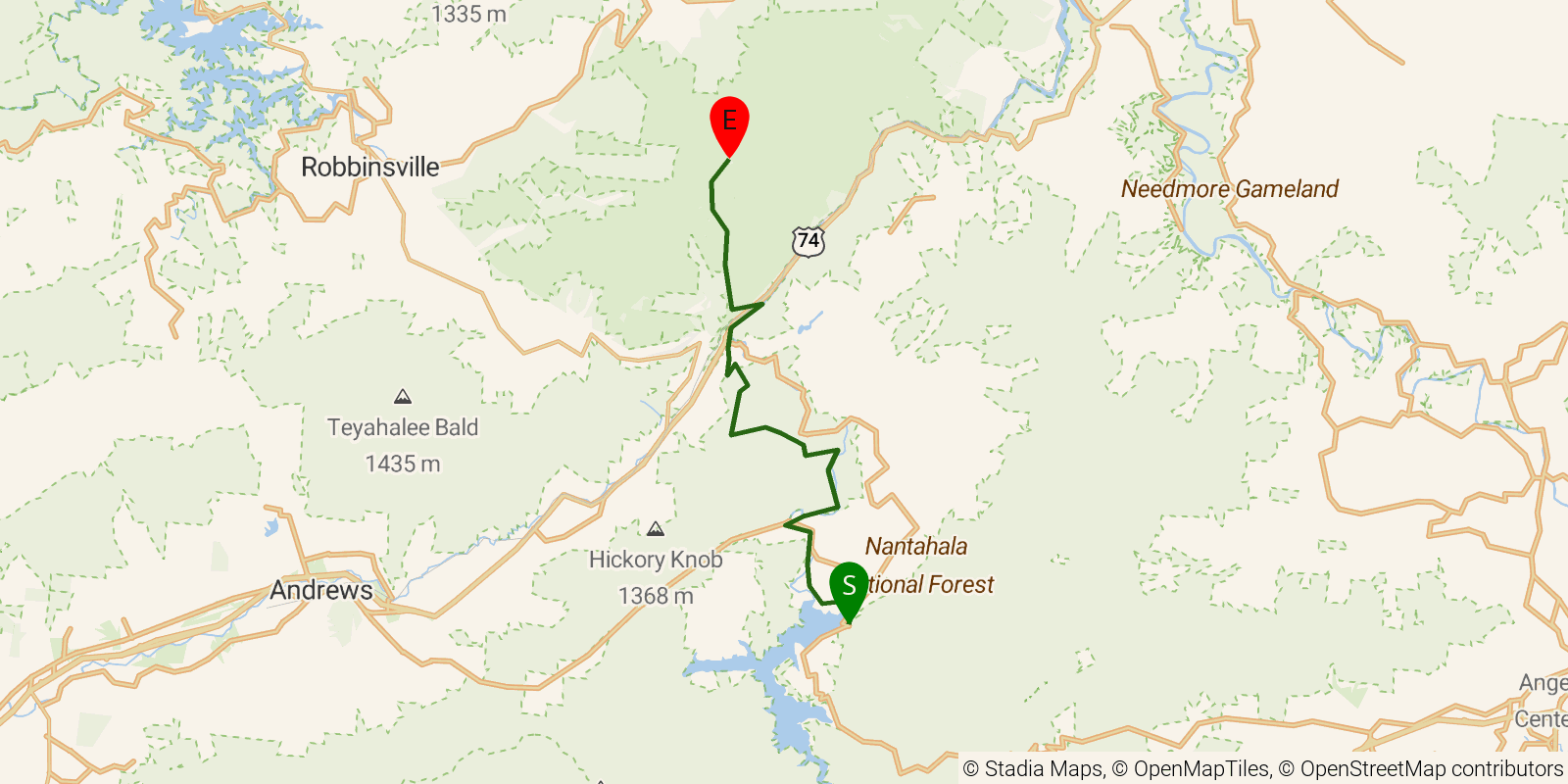 Route map of the Bartram Trail — Sections 10–12: Lake Nantahala to Cheoah Bald on OpenStreetMap terrain