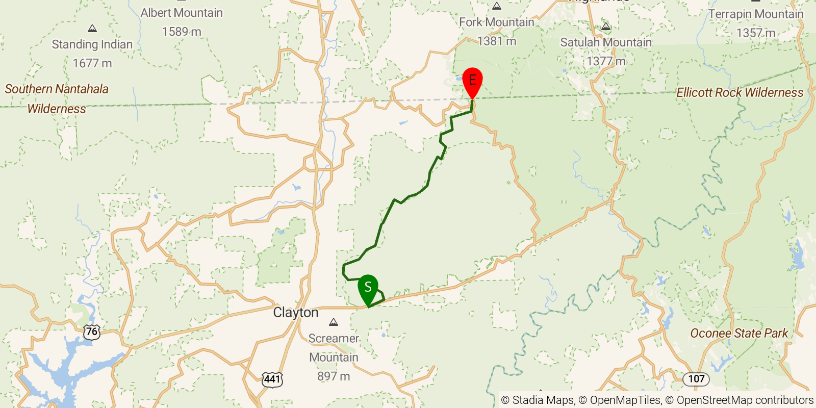 Route map of the Bartram Trail — Sections 3–4: Warwoman Dell to Hale Ridge Road on OpenStreetMap terrain
