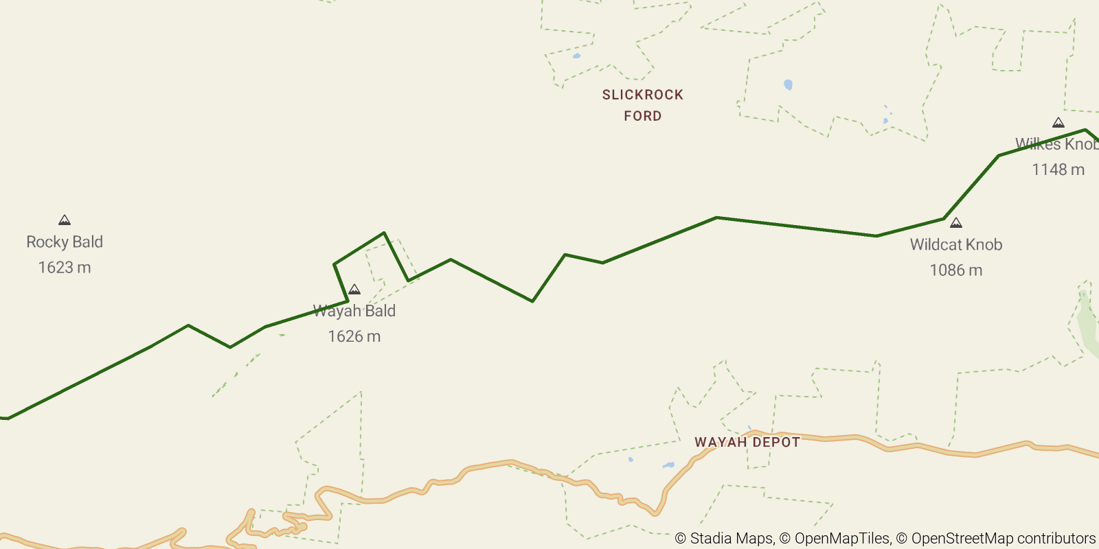 Route map of the Bartram Trail — Sections 8–9: Wallace Branch to Lake Nantahala on OpenStreetMap terrain