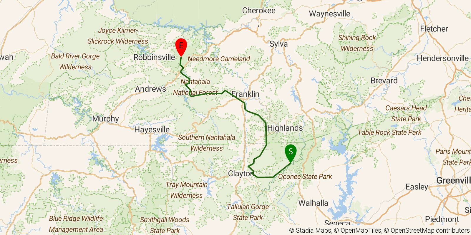 Route map of the Bartram Trail on OpenStreetMap terrain