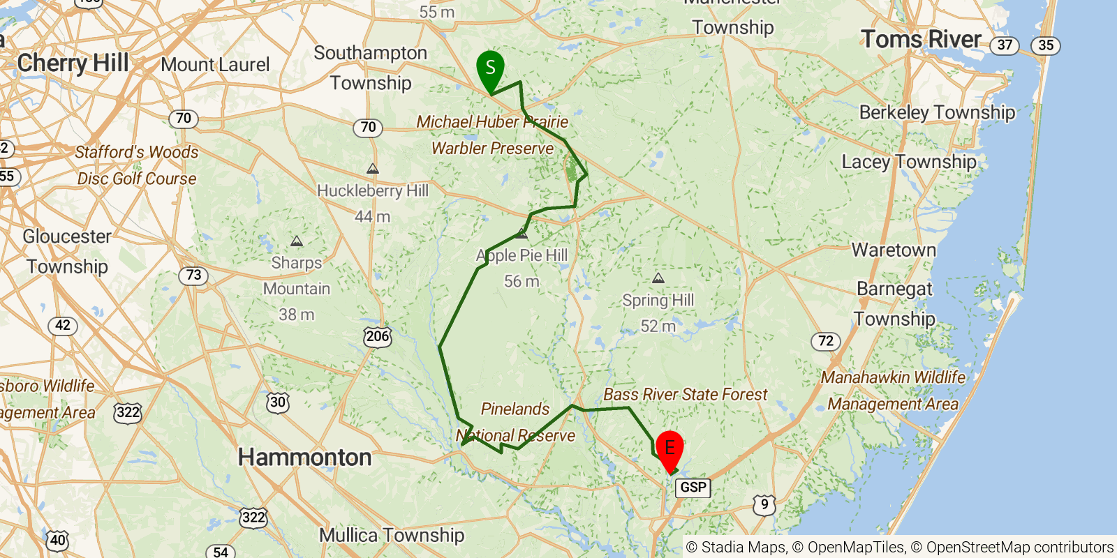Route map of the Batona Trail on OpenStreetMap terrain