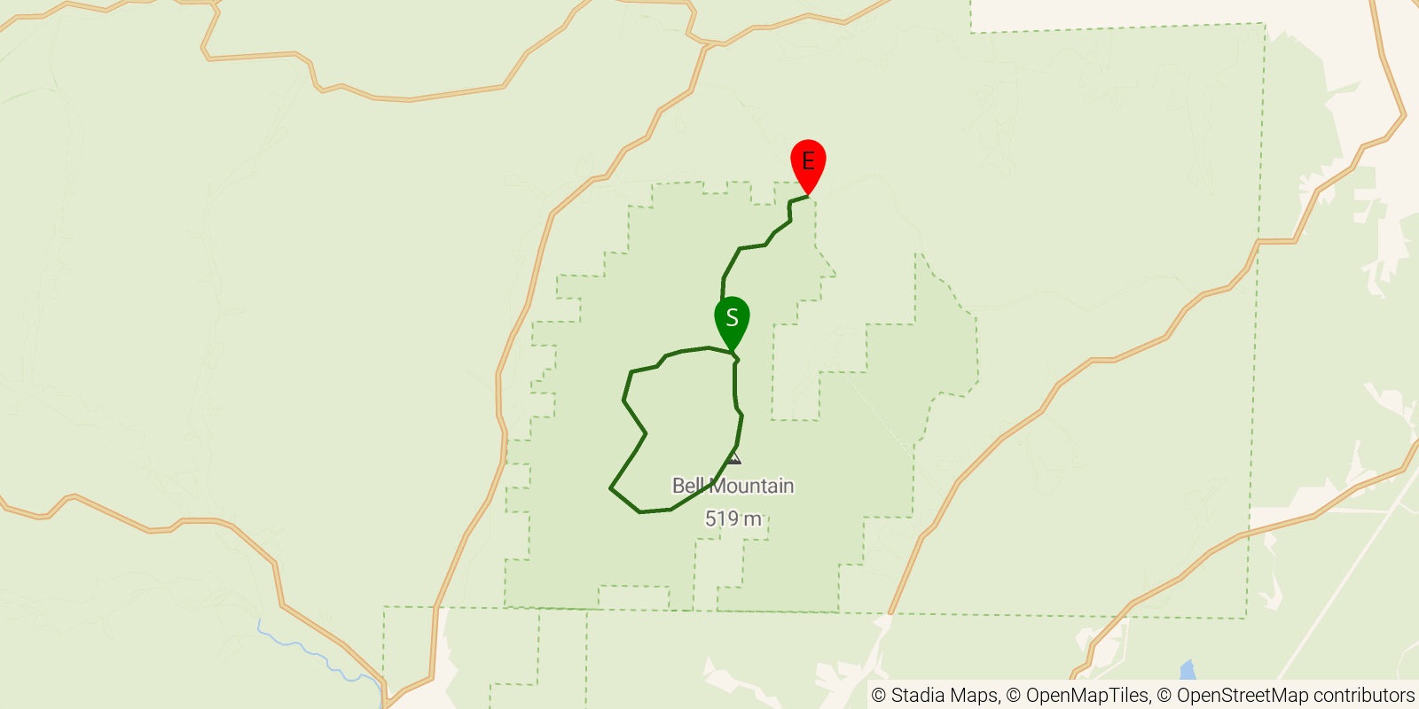 Route map of the Bell Mountain Trail on OpenStreetMap terrain
