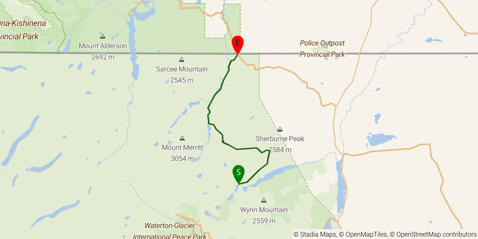 Route map of the Belly River / Chief Mountain CDT finish on OpenStreetMap terrain