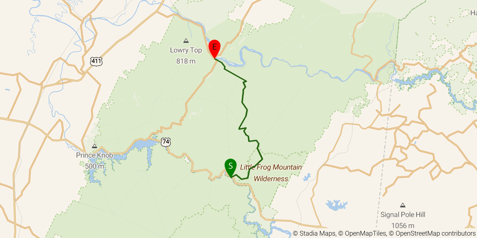 Route map of the Benton MacKaye Trail — Section 12: US 64 / Thunder Rock Campground to Hwy 30 at Hiwassee River on OpenStreetMap terrain