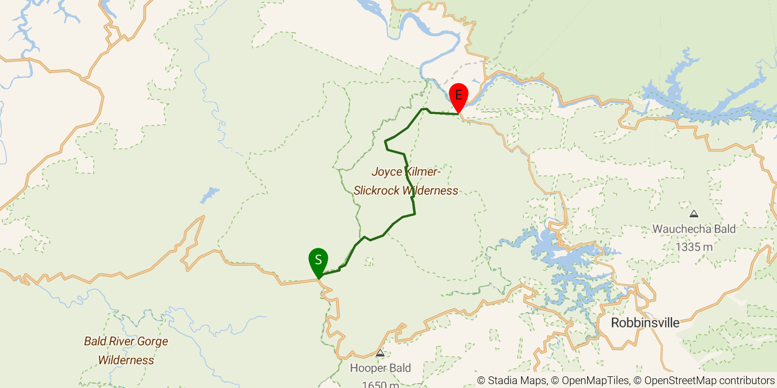 Route map of the Benton MacKaye Trail — Section 18: Beech Gap to Tapoco Lodge on OpenStreetMap terrain