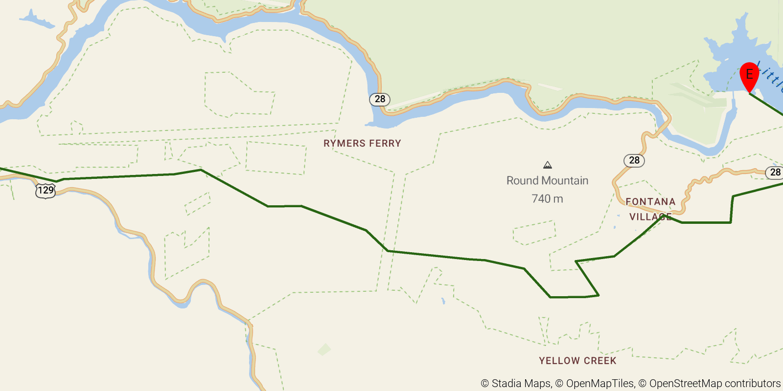 Route map of the Benton MacKaye Trail — Section 19: Tapoco Lodge to Fontana Dam, north end on OpenStreetMap terrain