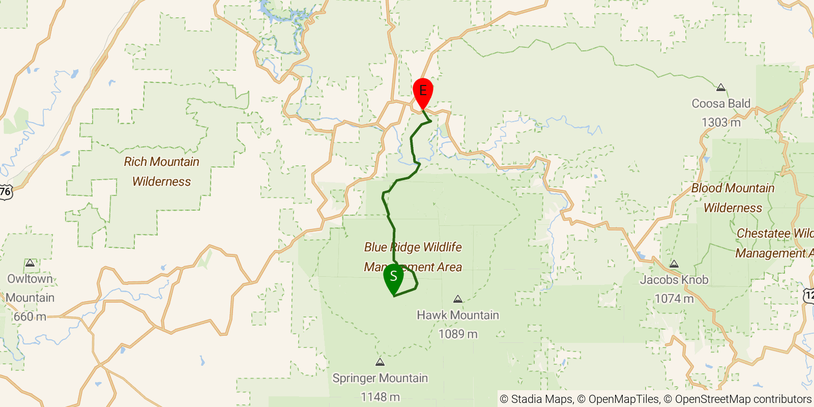 Route map of the Benton MacKaye Trail — Section 2: Three Forks to GA 60 southern crossing on OpenStreetMap terrain
